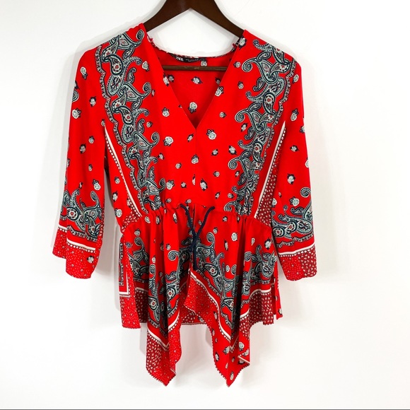 Zara Red Asymmetrical Floral/Paisley Print Top - Picture 2 of 7
